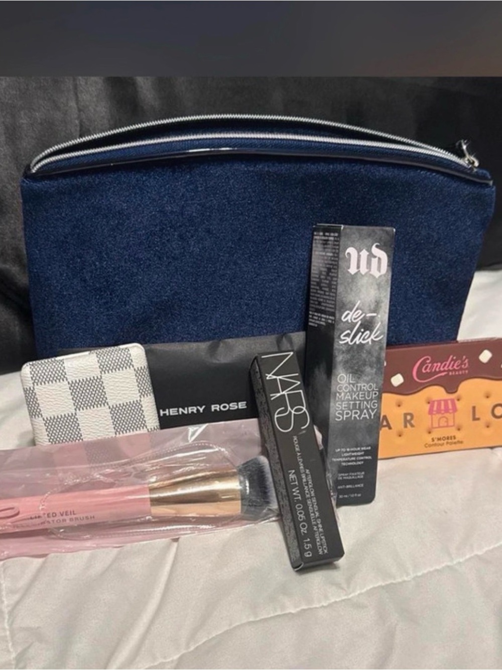 Navy Blue Lancôme Cosmetic Zip bag with Makeup and Accessories